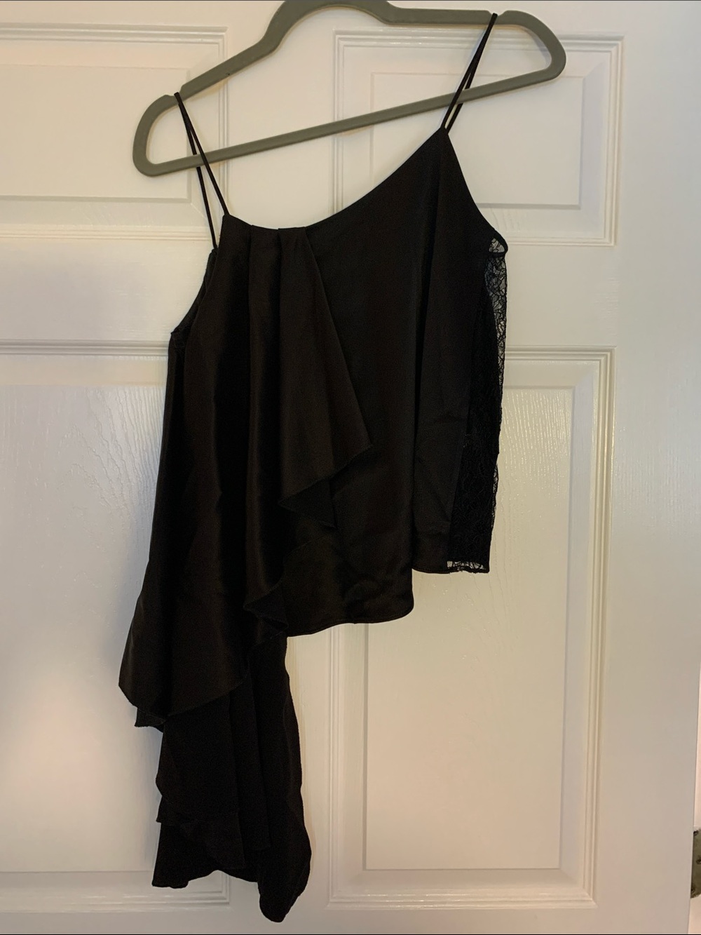 Alice + Olivia Black Asymmetric Ruffle Cami Top